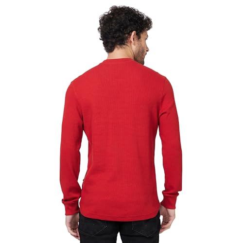 Image of Spykar Henley Neck Full Sleeve Orange Solid T-Shirt for Men