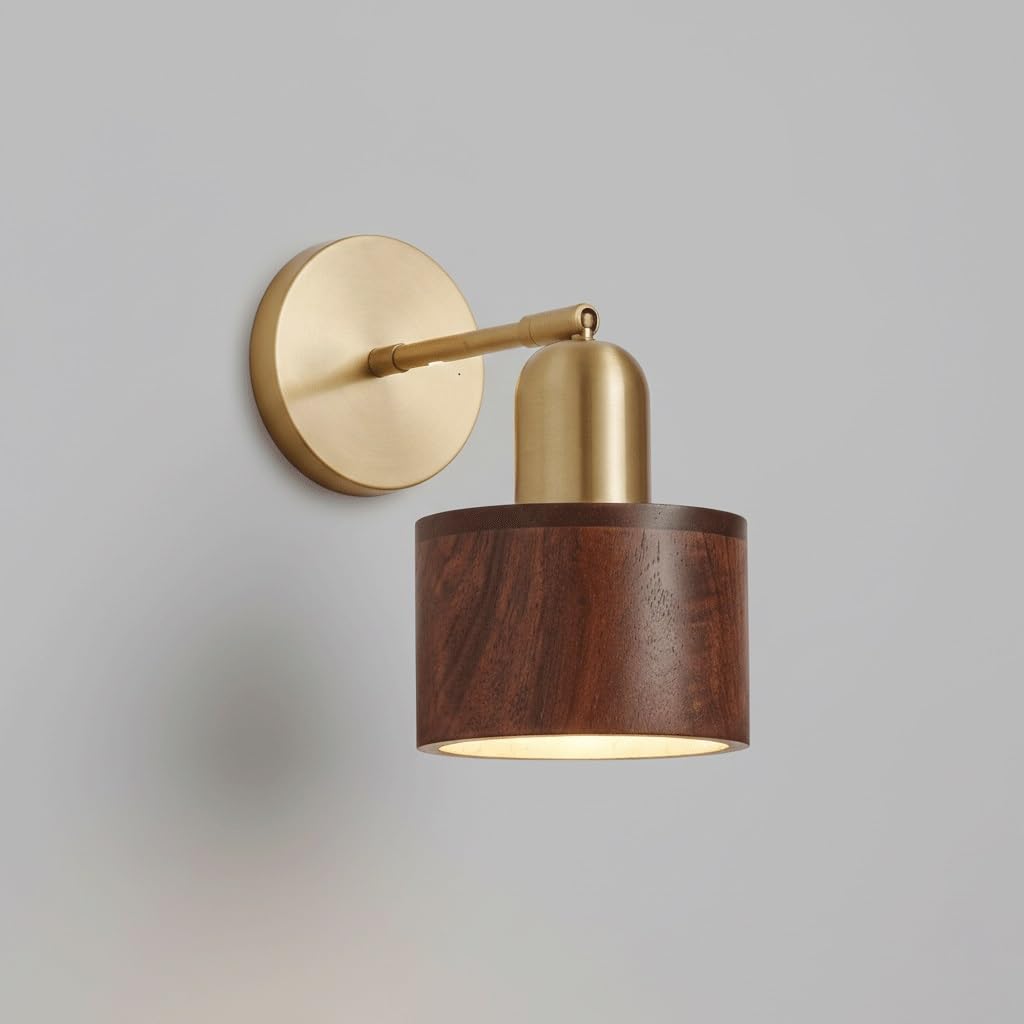 IvyLoutish Modern Minimalist Adjustable Black Walnut Wood Wall Sconce, Brass Accent, E27 Hardwired Single Light Fixture, Rotatable Bedside Wall Lamp for Bedroom, Living Room, Hallway, Study