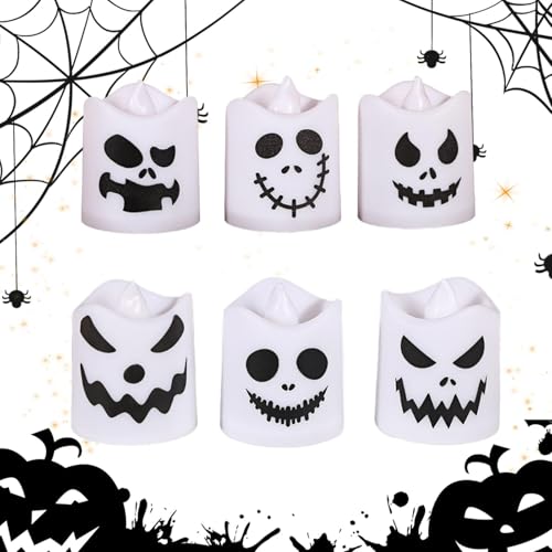 Velas parpadeantes sin llama, vela fantasma de Halloween, vela LED sin llama, velas LED espeluznantes que funcionan con pilas, 6 velas en forma de fantasma para mesa