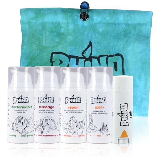 Rhino Skin Starter Kit Bundle - Climbing Skincare 5-Piece Set with Hand Cream, Lotion, Conditioner, Antiperspirant, and Balm | For Dry and Cracked Hands | Travel Size Hand Creams with Handmade Pouch
