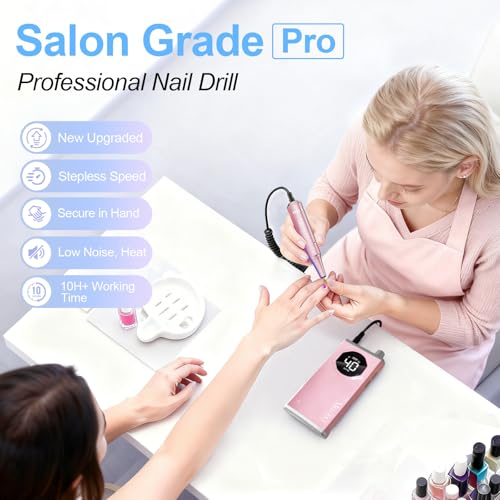 Image of Electric Nail Drill File Professional 40000 RPM, Melodly Rechargeable Electric Nail File Machine Kit for Acrylic Gel Nails Polishing Removing, Portable Cordless Efile with Gold Bits Kit at Salon Home