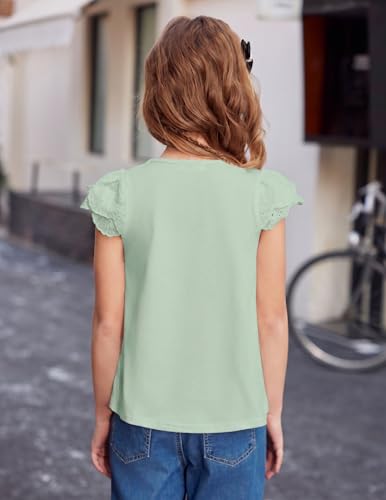 Image of Arshiner Girls Shirts Short Sleeve Square Neck Summer Lace Openwork Pleated Tops Blouse Tunic