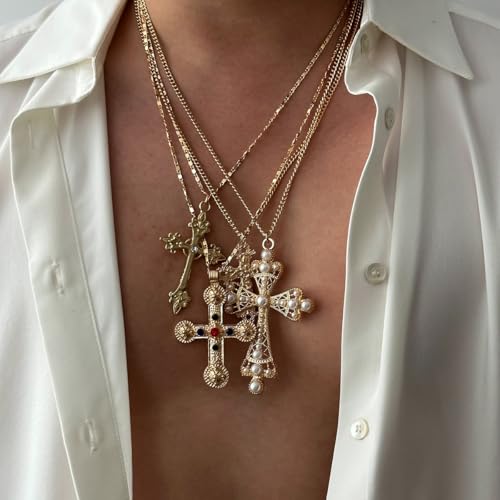 Cross Pendant Necklace Set for Women Punk Grunge Imitation Pearl Cross Layered Chain Necklace Statement Y2K Jewelry2