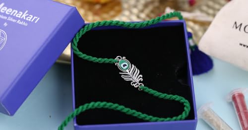 Image of Meenakari Heriatge Jewellery 925 Sterling Silver Morpankh (Peacock feather) Radha Krishna Rakhi Set For Men /Boys /women /Unisex With Roli Chawal, Rakshabandhan greeting Card and Authenticity certificate