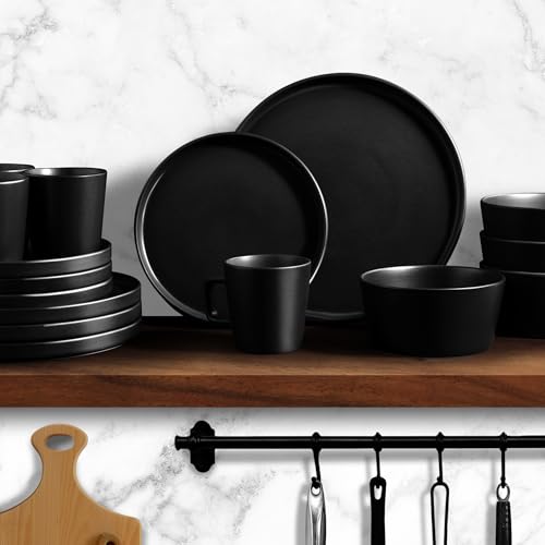 Image of Zulay Kitchen Terra Plates and Bowls Sets, 16 Piece Modern Stoneware Dish Set for 4, Chip and Scratch Resistant Ceramic Dinnerware Set, Microwave and Dishwasher Safe, Matte Black