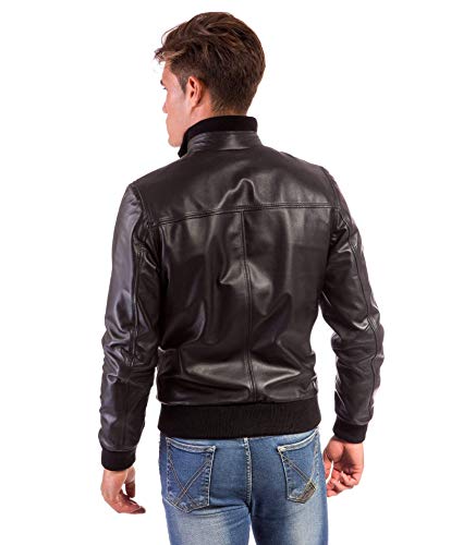 Blouson Bomber en cuir homme noir Made in Italy col élastiqué – vue 4