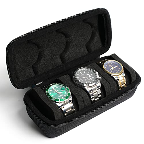 RIGICASE 3 watch travel case roll, Hard watch carry case roll display storage organizer box for men and women with soft foam pillows snug fit all size watches up to 60mm face