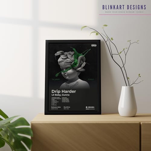 Image of BLINKART Gunna- Drip Harder Wall Photo Frames | Wall Art for Bedroom, Living Room, Studio or Office | Album Cover Print with Spotify Song Link QR Code | Gift for Fans - 8x12 In