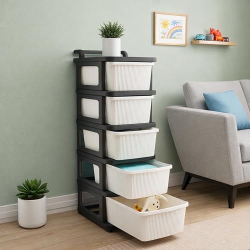 Image of KITCHIVO Heavy Duty Plastic Storage Drawer with Wheels | Modular Cabinet for Bedroom, Office, Home or Classroom| Chest of Drawers Organiser for Cosmetics, Kitchen items, Toys (Black & Ivory, 5)