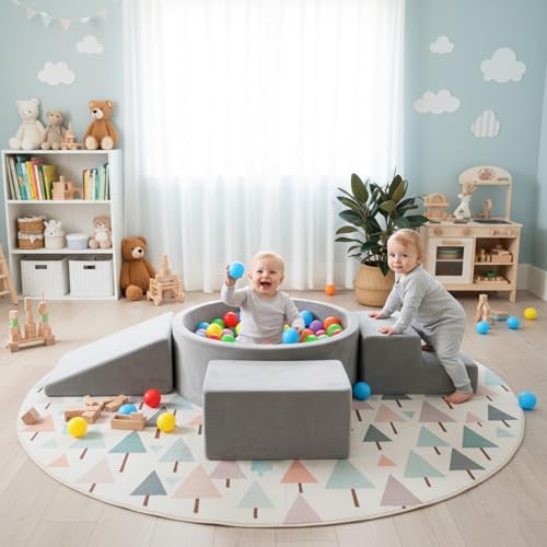 Image of Tiita Climbing Toys for Toddlers 1-3 Indoor with Ball Pit, 4-Piece Kids Foam Climbing Blocks, Activity Soft Play Climbing for Baby, Grey, Balls not Included