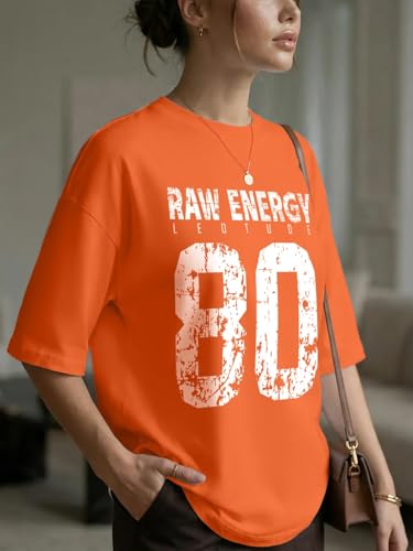 Image of LEOTUDE Women Cottonblend Drop Shoulder Oversized Round Neck Half Sleeve