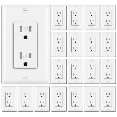 BESTTEN 20 Pack 15 Amp Tamper Resistant Decor Receptacle Standard Electrical Wall Outlet Residential and Commercial Use 15A/125V/1875W Wallplate Included UL Listed White