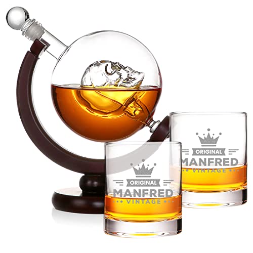 polar-effekt Whiskyset Globus Totenkopf Karaffe 850 ml Set mit Gravur mit 2X personalsierte Whiskygläser Tumbler 315 ml Geschenk für Männer zum Geburtstag