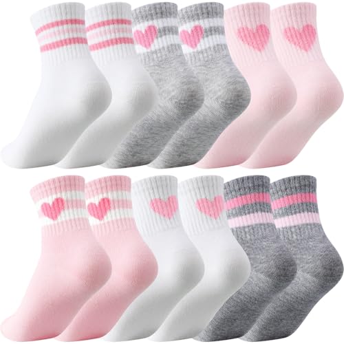 Shihanee 6 Pairs Socks for Girls Kids Pink Crew Athletic Socks with Stripes Heart 4-12 Years Old Cotton Girls Crew Sock(6-8 Years Old,Stylish,Pink and Grey)