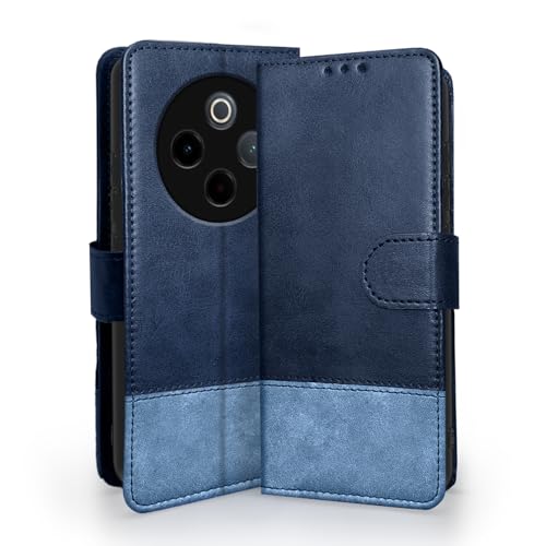 Image of Amazon basics Flip Cover for Vivo T4 5G / iQoo Z10 5G | Wallet Style & Stand | Dual-Tone PU Leather Finish | Magnetic Flip Case (Navy & Light Blue)