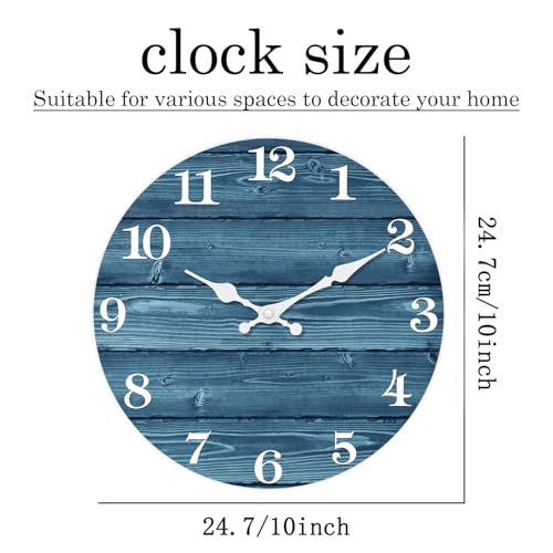 Image of XFM Blue Wood Wall Clock Battery Operated 10 Inch Silent | Small Country Retro Farmhouse Decorative for Kitchen Living Room Bedroom Non-Ticking