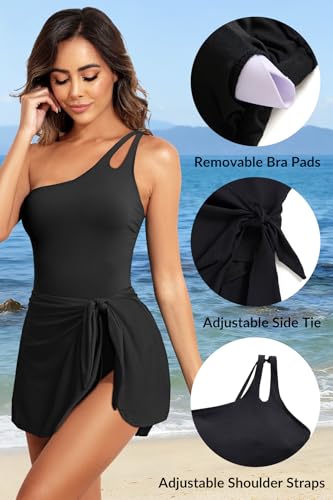 Image of Daci One Piece Swimsuit with Skirt Tummy Control One Shoulder Swim Dress | Skirted Bottom,Adjustable Shoulder Straps