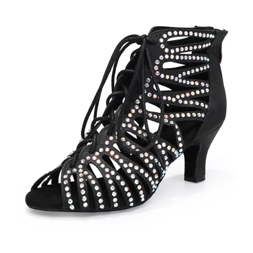 HIPPOSEUS Women's Rhinestone Latin Dance Boots Lace up Ballroom Salsa Dancing Booties