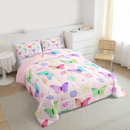 Image of Erosebridal Cartoon Butterflies Comforter Full Size for Kids Boys Girls,Cute Colorful Daisy Bedding Set,Flying Butterfly Duvet Insert,Rainbow Gradient Quilt Bedroom Decor