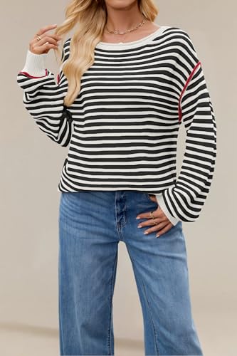 Striped Sweater Women Fall Lightweight Sweaters Loose Fit Jumpers Oversized Boat Neck Knit Tops4