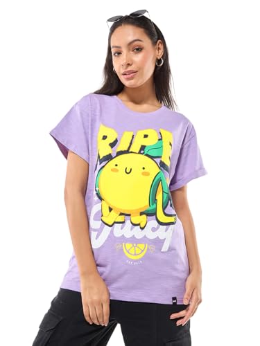 Bewakoof Air 1.0 Women's Graphic Print Boyfriend Fit Half Sleeve Round Neck Cotton Slub T-Shirt_645928_Purple_XL