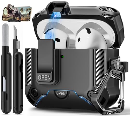 Image of for AirPods 4 Case with Lock & Phone Stand(Black) | Automatic Snap Switch Lock,Carbon Fiber Texture Design Cover with Cleaner Kit