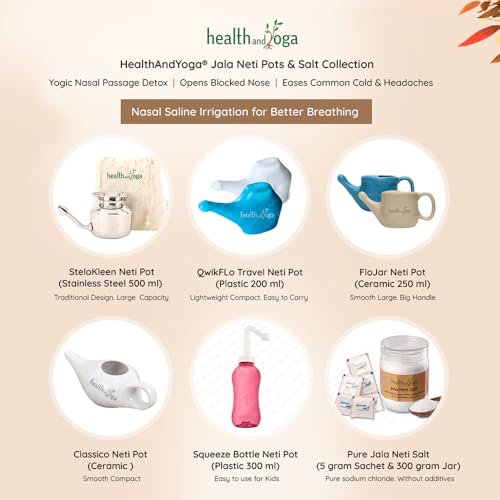 Image of HealthAndYoga FloJar Ceramic Jal Neti Pot (250 ml, Beige) + HealthAndYoga Jala Neti Salt Sachets (Pack of 10)- Saline Nasal Wash Yoga Detox -for Common Cold, Dust & Pollution-Spill-Proof Design