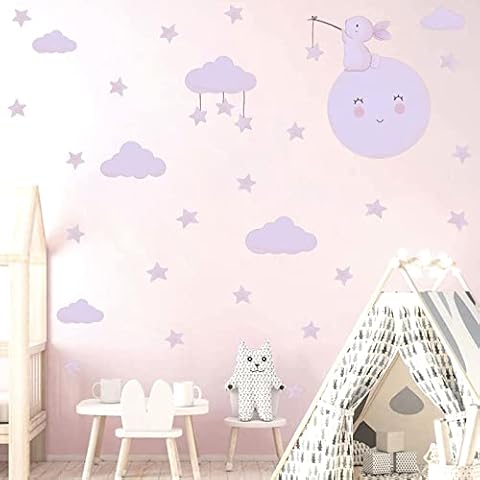 IKEYU Moon Star Wall Decals Cartoon Rabbit Wall Stickers Cute Bunny Moon Stars Clouds Wall Decal for Girls Bedroom Kids Room Nursery Decor Cover
