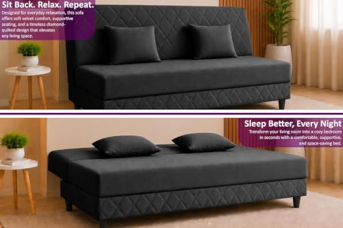 Image of Deco Studio 3 Seater Sofa Bed | Premium Upholstered Velvet Fabric Folding Couch for Living Room, Guest Room & Bedroom | Quilted Backrest with 2 Cushions (Black)