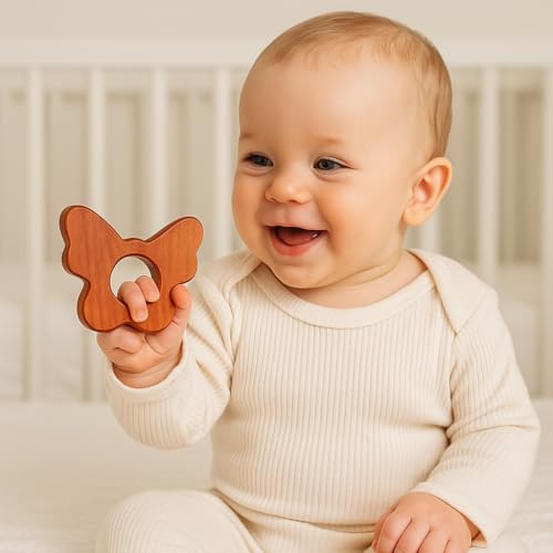 Image of Shark Doo Doo Neem Wood Baby Teether | Organic & Handcrafted | Chemical-Free, Paint-Free, Antibacterial Teething Toy for Infants & Toddlers - Natural Wooden Teether (Butterfly)