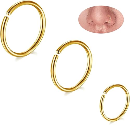 AzureRay 3 Tamaños Piercing Nariz Oro,18G/20G Piercing Nariz Aro de Acero Inoxidable Dorado Hipoalergénico Cierre Seguro para Hombre y Mujer (Gold)