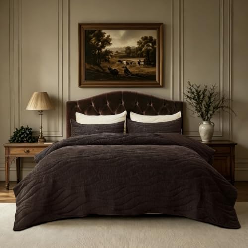 Image of DOWN HOME Crinkle Textured Velvet Quilt Set with Shams, All-Season Luxury Modern Bedding,Easy Care Comforter,Ultra-Soft,Lightweight & Breathable, Cali King, Antique Brown