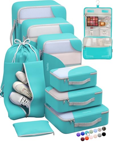 Image of ALL INCLUDED 10 Set Durable Packing Cubes for Suitcases,OlarHike Essentials for Travel, UPGRADED Anti-Tear Stitching, NEW Improved Luggage Packing Organizers for Travel Accessories (Turquoise)