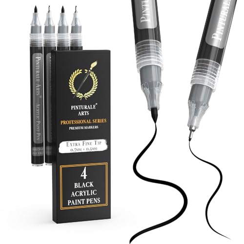 Pinturale Arts Feutre Acrylique Noir | Lot de 4 Feutres Noirs | Marqueur Acrylique Noir à Pointe Fine 0,7mm et Extra Fine 0,5mm | Pour Bois, Verre, Pneu,...