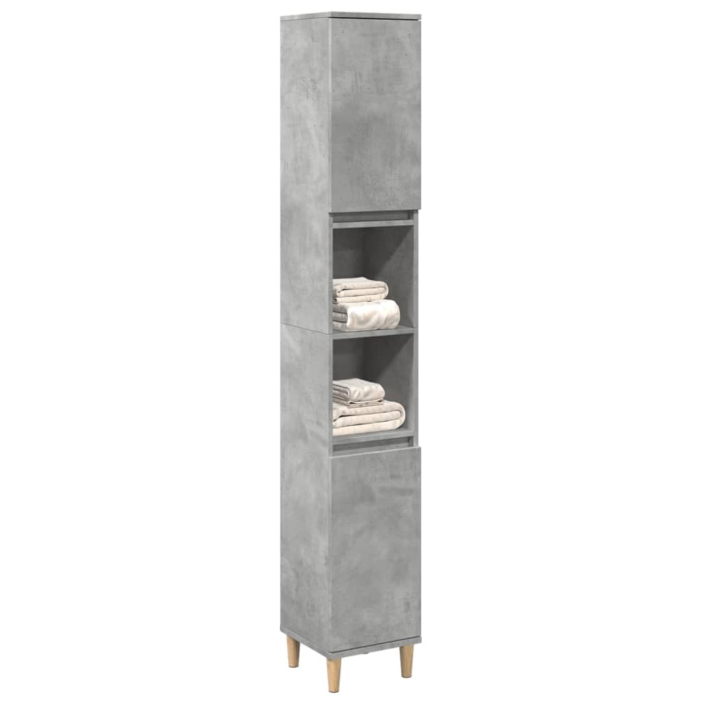 Armadietto da bagno grigio cemento, 30 x 30 x 190 cm, in legno con 6 scomparti e 2 ante, gambe in legno massiccio di eucalipto, spazio per bagno, WC degli ospiti, mobiletto sottolavabo