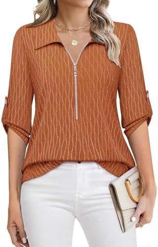 Bulotus Women's 3/4 Sleeve Tops Zipper V-Neck Dressy Casual Collared Tunic Shirts