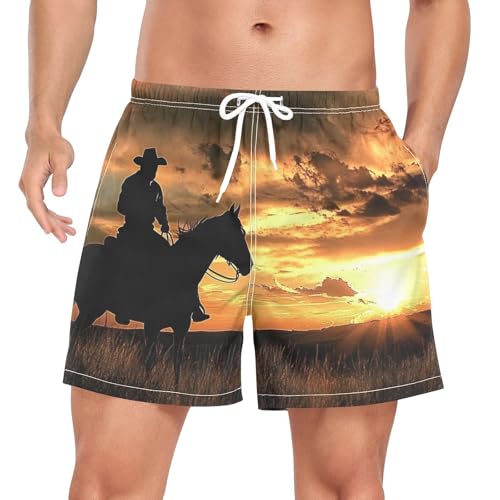 Mens Swim Trunks with Liner, Sunset Westen Cowboy Cool Quick Dry Beach Swim Shorts, Swimwear Bathing Suits S