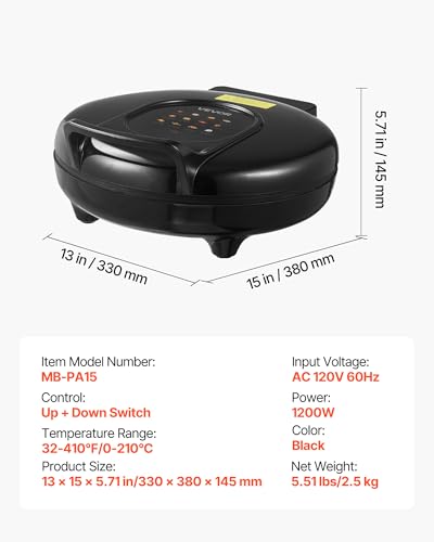 Image of VEVOR Pizza Oven, 12 in Electric Pizza Maker, 1200W Electric Pizzas Cooker with Non-Stick Coating, 180 Open for Dual Side Baking, Heats up to 410 ˚F, Multi-Function Cooking, for Pizzas, Barbecue