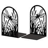 Peacoblue Metal Bookends for Shelves, Modern Decorative Heavy Duty Study Book Support Stoppers for Office, Desk, Shelf, Room 5.3'x4.3'x7.9' Cast Iron Simple Tall Bookends, 1 Pair (Dragonfly)