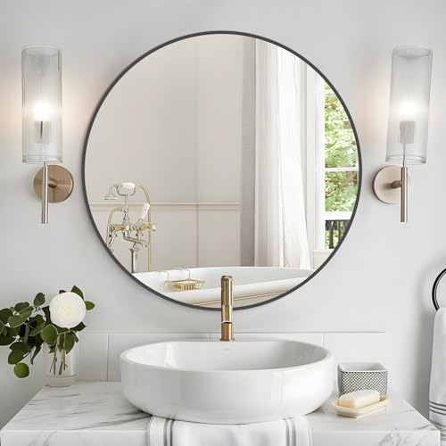 Image of WallBeyond Round Wall Mirror 28 inch Black Large Circle Mirror for Bathroom with Metal Framed, Round Black Mirror for Wall Decor, Vanity, Entryway Living Room