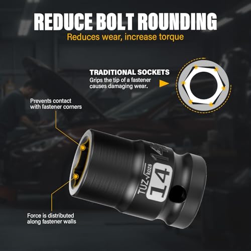 Image of 1 /2 Inch Drive 14mm Shallow Metric Impact Socket,CR-MO,6 Point Radius Corner Design,Square Chamfered Opening,Axle Nut Impact Grade Socket for Easy Removal