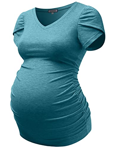 Ginkana Maternity Tops Short Petal Sleeve V Neck Tshirt Side Ruched Pregnant Blouse Casual Pregnancy Tunic,Greygreen,M #TOP8