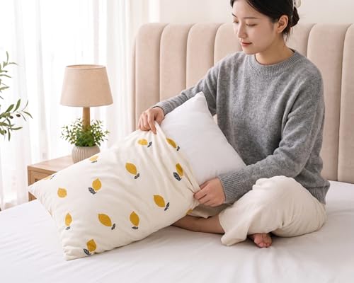 Image of Cotton Pillow Cover Set (1 Pair) | 20x30 Inch | Soft Breathable Cotton Fabric - Comfortable, Durable & Easy Care - 2 Pcs Set | White Stripe Orange Print