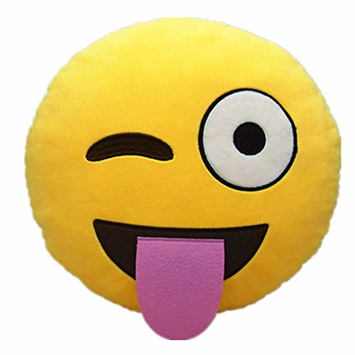 LI&HI 32cm Emoji Smiley Emoticon Yellow Round Cushion Pillow Stuffed Plush Soft Toy (Tongue)