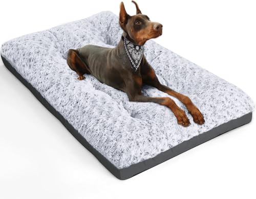 POCBLUE Deluxe Washable Dog Bed for Large Dogs Dog Crate Mat 35 Inch Comfy Fluffy Kennel Pad Anti-Slip for Dogs Up to 60 lbs, 35" x 23", Grey