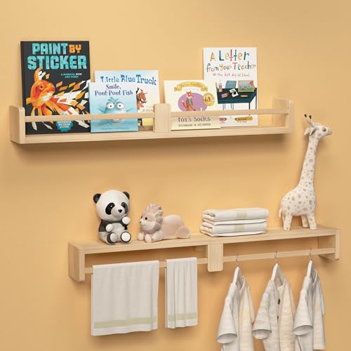 Image of Boswillon 32 Inch Nursery Book Shelves - Floating Shelves Set of 2, Wall Mounted Hanging Shelves for Kids Room, White Wall Shelf, Baby Book Shelves for Kids Bedroom Decor Organizer - Natural Wood