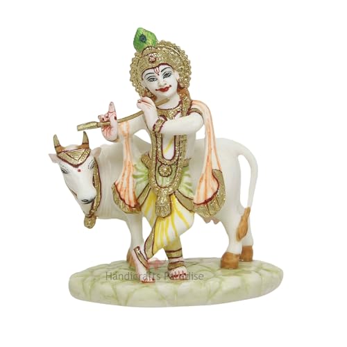 Image of Handicrafts Paradise Culture Marble Hand Painted Krishna with Cow Intricately Carved Showpiece for Home Decor and Puja - 5.5 Inch, Fantasy, Multicolor
