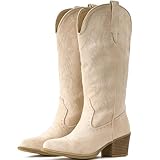 IUV Suede Cowboy Boots For Women Chunky Heel Pointed Toe Cowgirl Boots Mid Calf Western Embroidery Boots