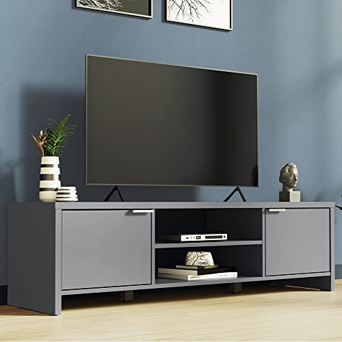 Madesa TV Stand Cabinet with Storage Space and Cable Management, TV Table Unit for TVs up to 65 Inches, Wooden, 16'' H x 15'' D x 57'' L - Grey