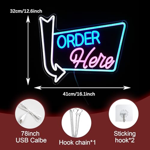 Image of Order Here Neon Sign Led letters Sign Dimmable Order Neon Light for Wall Decor Larger Order Here Light Up Sign for Restaurant Shop Bar Business Neon Decor(16.1 * 12.6 In)